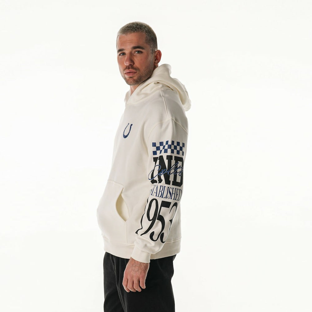 Indianapolis Colts The Wild Collective Unisex Stacked Graphic Sleeve Fleece Hoodie - Cream - NFL