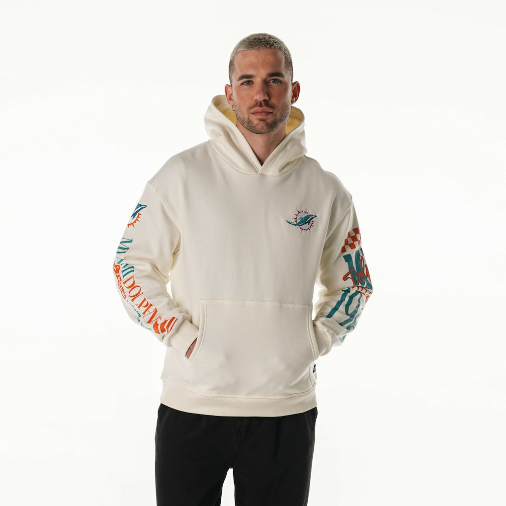 Miami Dolphins The Wild Collective Unisex Stacked Graphic Sleeve Fleece Hoodie - Cream - NFL
