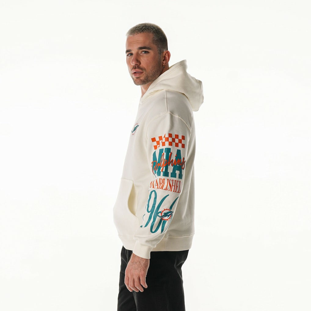 Miami Dolphins The Wild Collective Unisex Stacked Graphic Sleeve Fleece Hoodie - Cream - NFL
