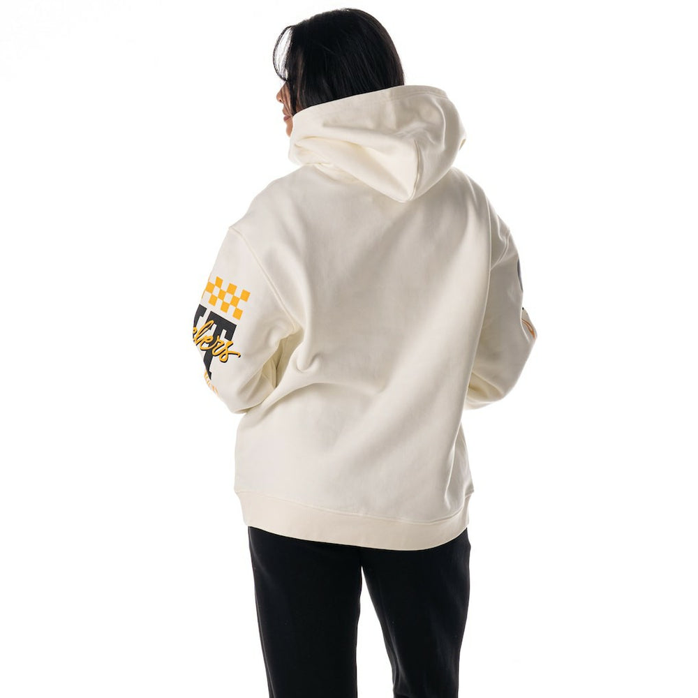 Pittsburgh Steelers The Wild Collective Unisex Stacked Graphic Sleeve Fleece Hoodie - Cream - NFL