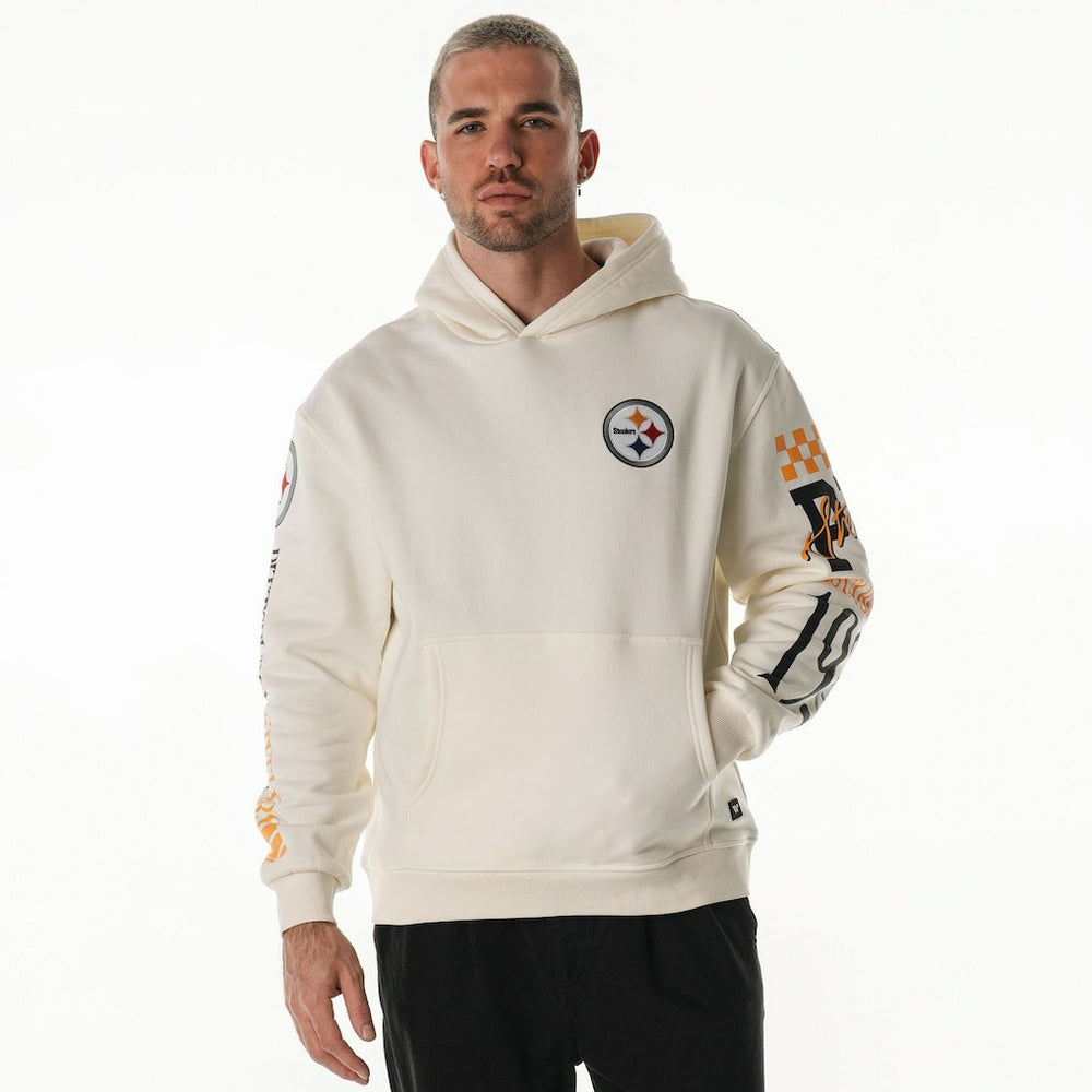 Pittsburgh Steelers The Wild Collective Unisex Stacked Graphic Sleeve Fleece Hoodie - Cream - NFL