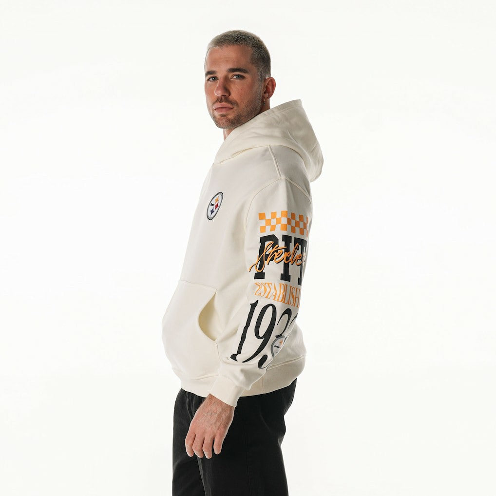 Pittsburgh Steelers The Wild Collective Unisex Stacked Graphic Sleeve Fleece Hoodie - Cream - NFL