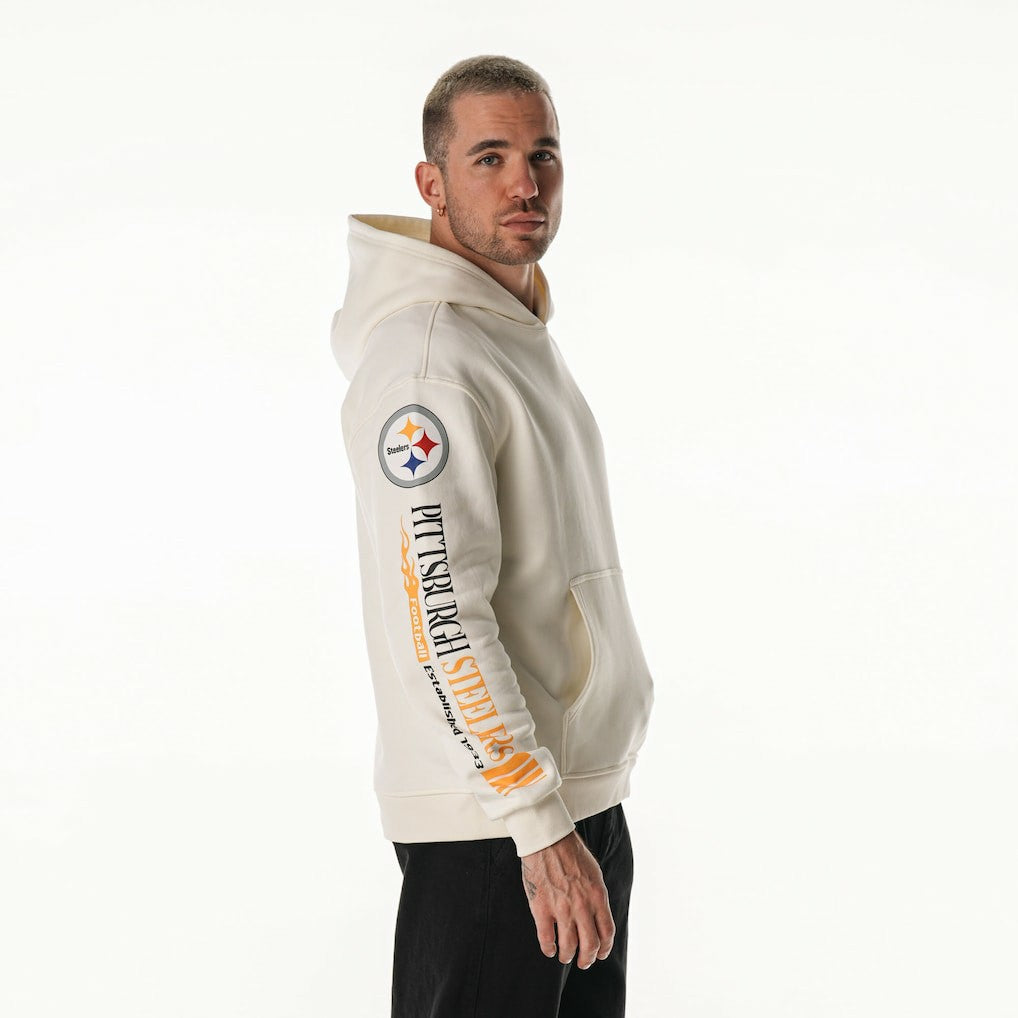 Pittsburgh Steelers The Wild Collective Unisex Stacked Graphic Sleeve Fleece Hoodie - Cream - NFL