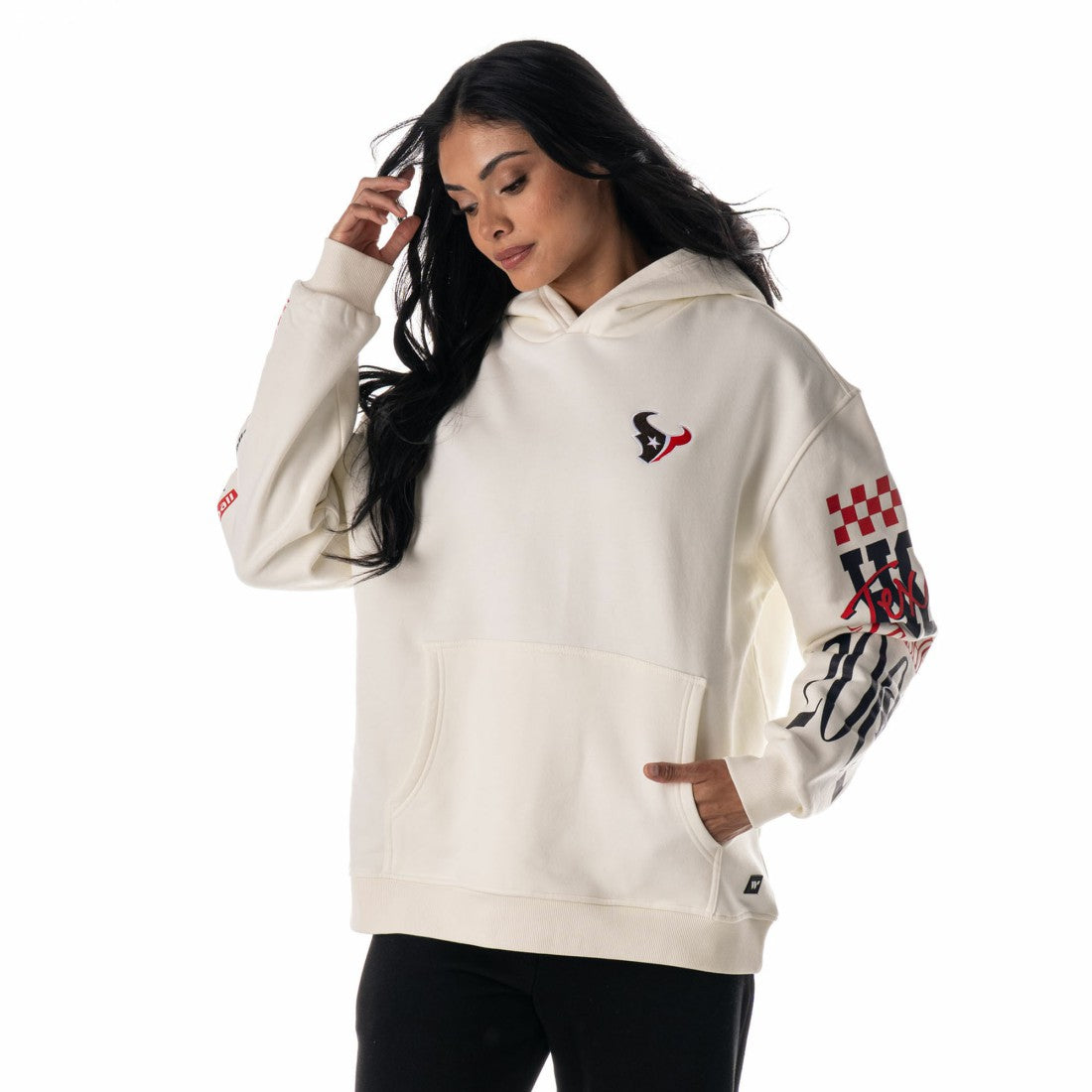 Houston Texans The Wild Collective Unisex Stacked Graphic Sleeve Fleece Hoodie - Cream - NFL