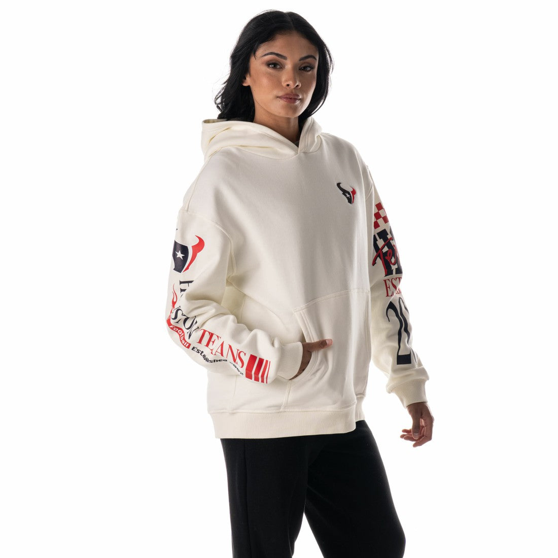 Houston Texans The Wild Collective Unisex Stacked Graphic Sleeve Fleece Hoodie - Cream - NFL