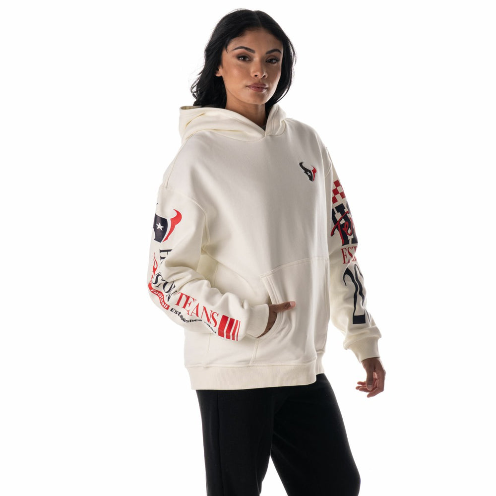 Houston Texans The Wild Collective Unisex Stacked Graphic Sleeve Fleece Hoodie - Cream - NFL