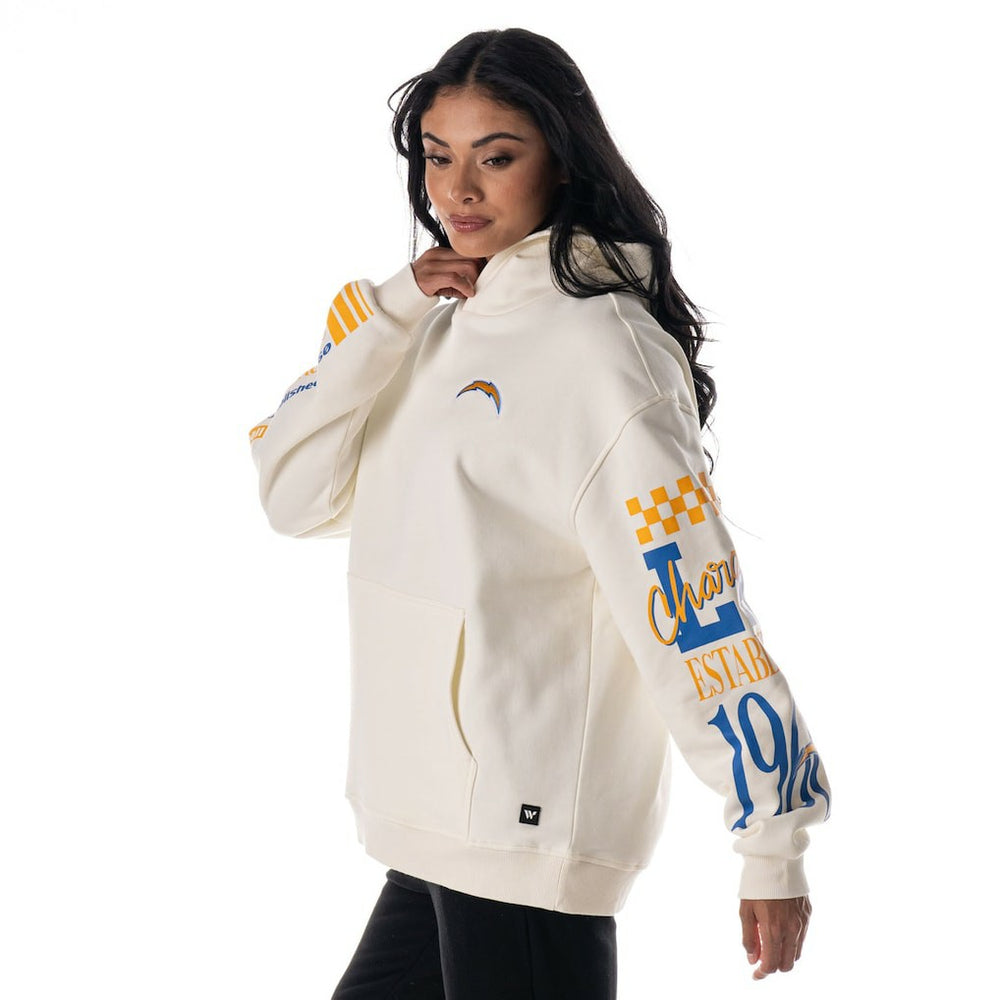Los Angeles Chargers The Wild Collective Unisex Stacked Graphic Sleeve Fleece Hoodie - Cream - NFL