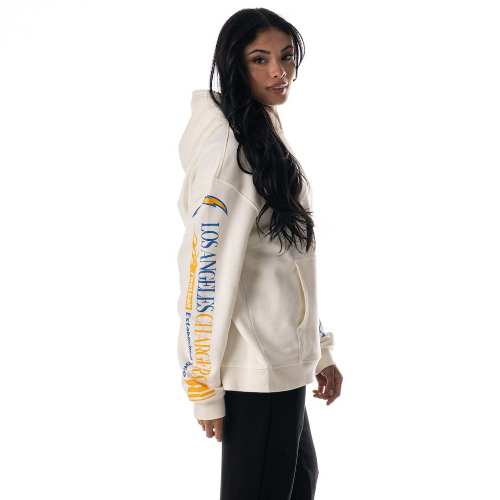 Los Angeles Chargers The Wild Collective Unisex Stacked Graphic Sleeve Fleece Hoodie - Cream - NFL