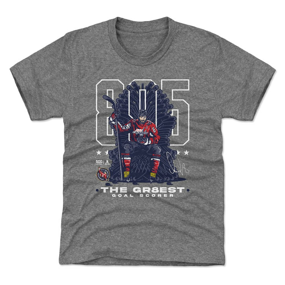 Alexander Ovechkin Washington Capitals 500 Level Youth NHL All-Time Leading Goal Scorer Throne T-Shirt - Gray | NHL sale