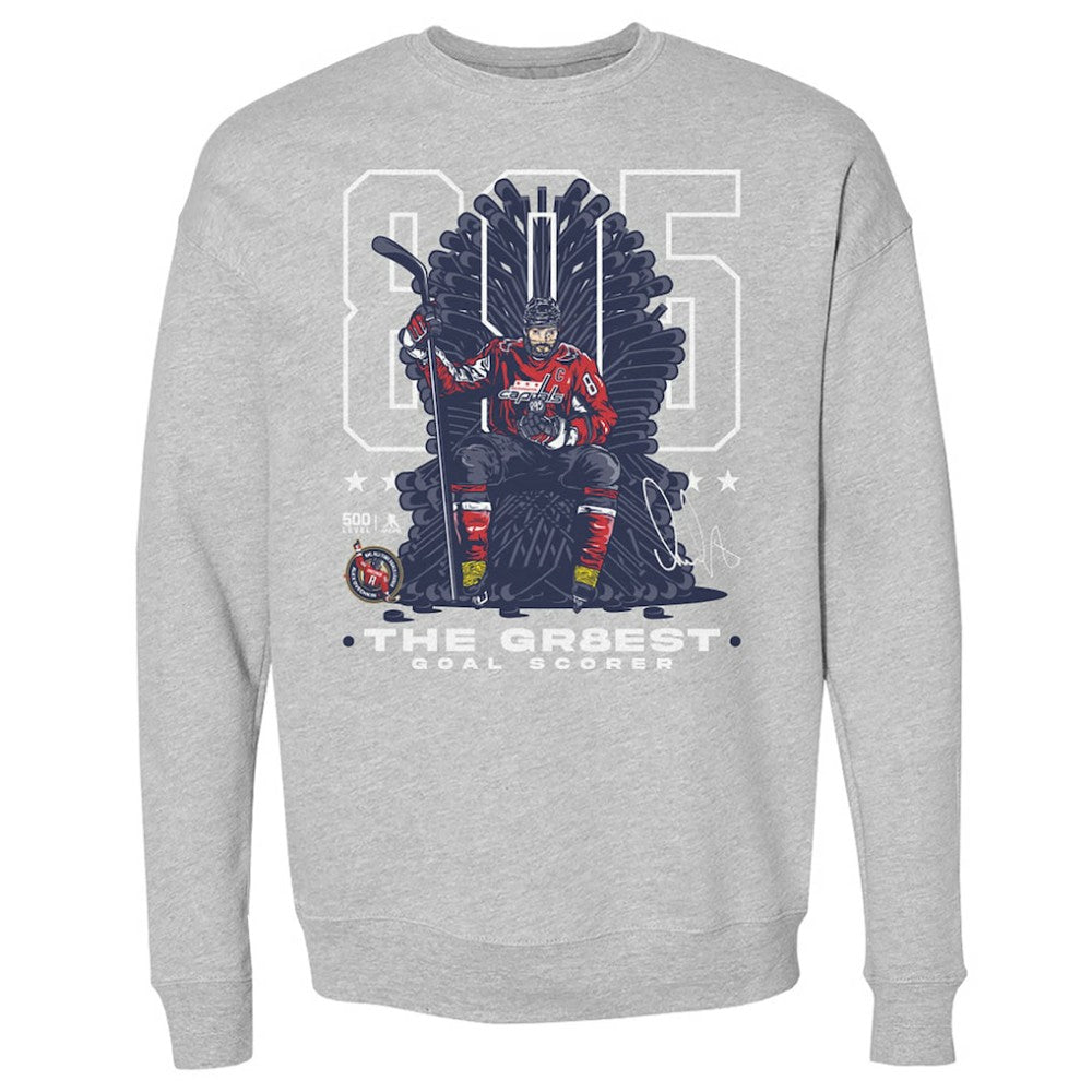 Alexander Ovechkin Washington Capitals 500 Level NHL All-Time Leading Goal Scorer Throne Pullover Sweatshirt - Heather Gray | NHL sale