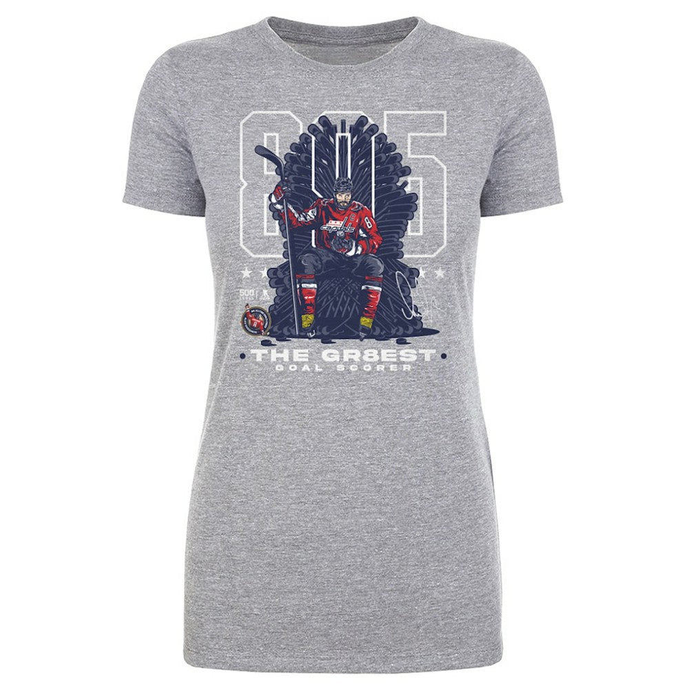 Alexander Ovechkin Washington Capitals 500 Level Women's NHL All-Time Leading Goal Scorer Throne T-Shirt - Heather Gray | NHL near me