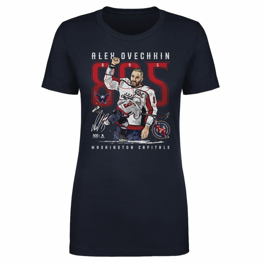 Alexander Ovechkin Washington Capitals 500 Level Women's NHL All-Time Leading Goal Scorer The Shot T-Shirt - Navy | NHL on sale