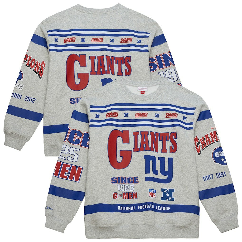New York Giants All Over Print Vintage Fleece Crewneck Sweatshirt - Heather Gray - Mitchell & Ness