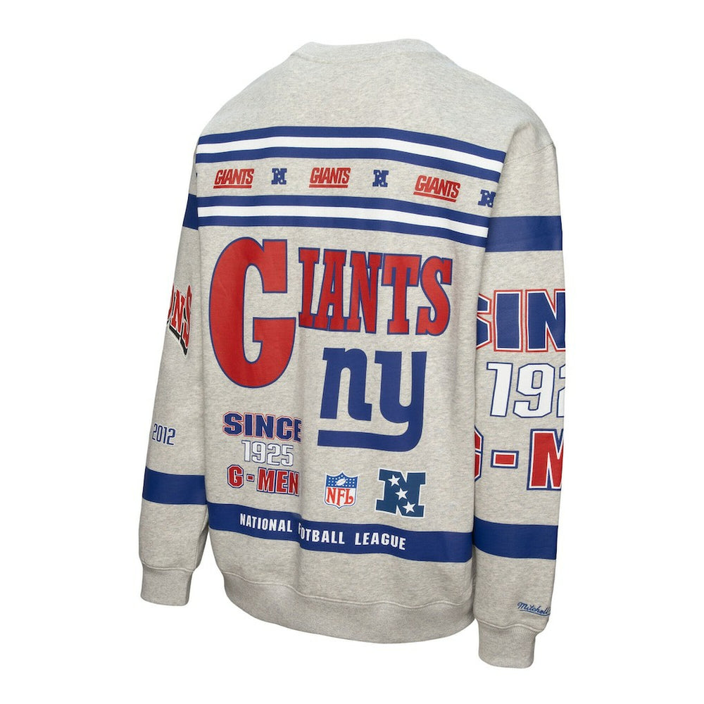 New York Giants All Over Print Vintage Fleece Crewneck Sweatshirt - Heather Gray - Mitchell & Ness