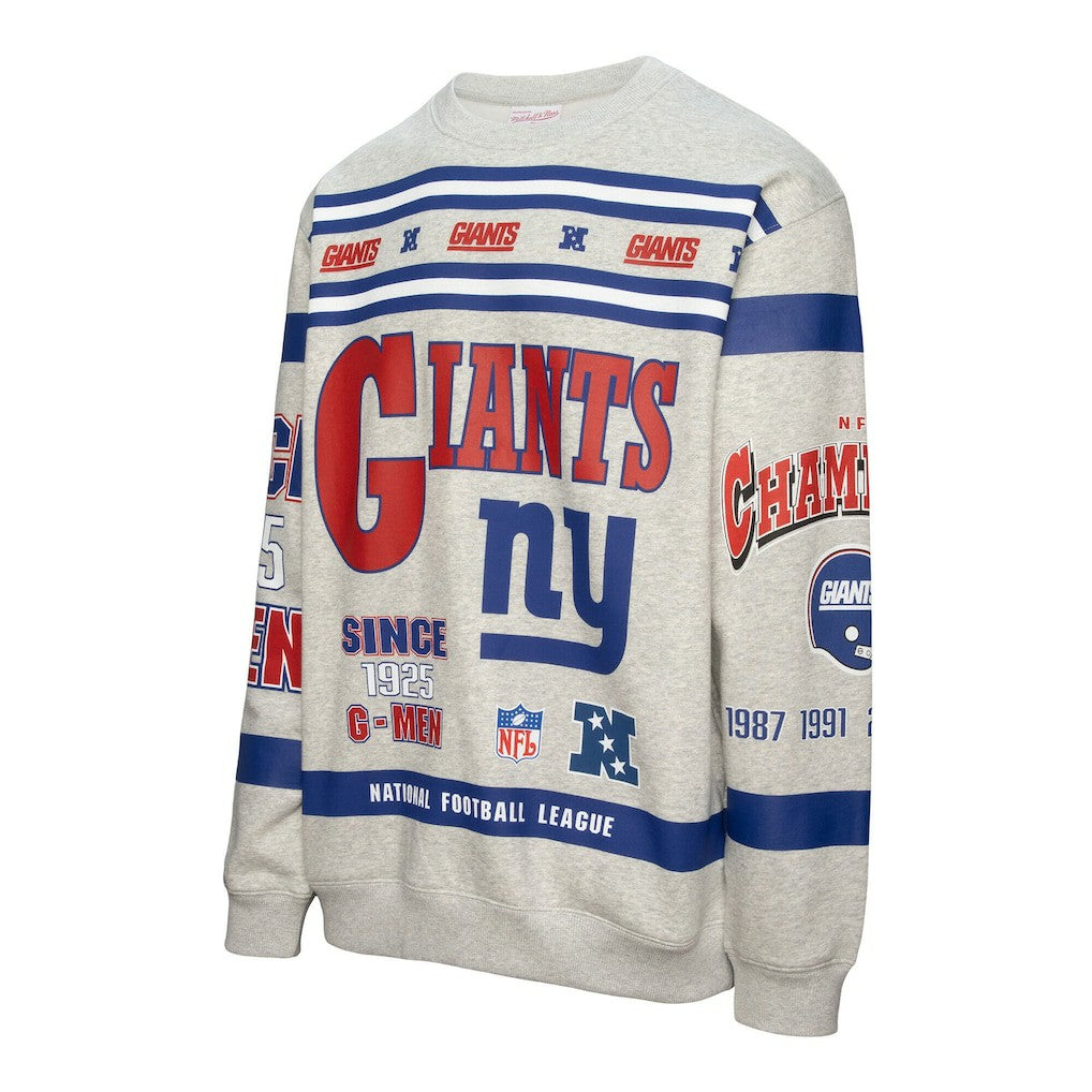 New York Giants All Over Print Vintage Fleece Crewneck Sweatshirt - Heather Gray - Mitchell & Ness
