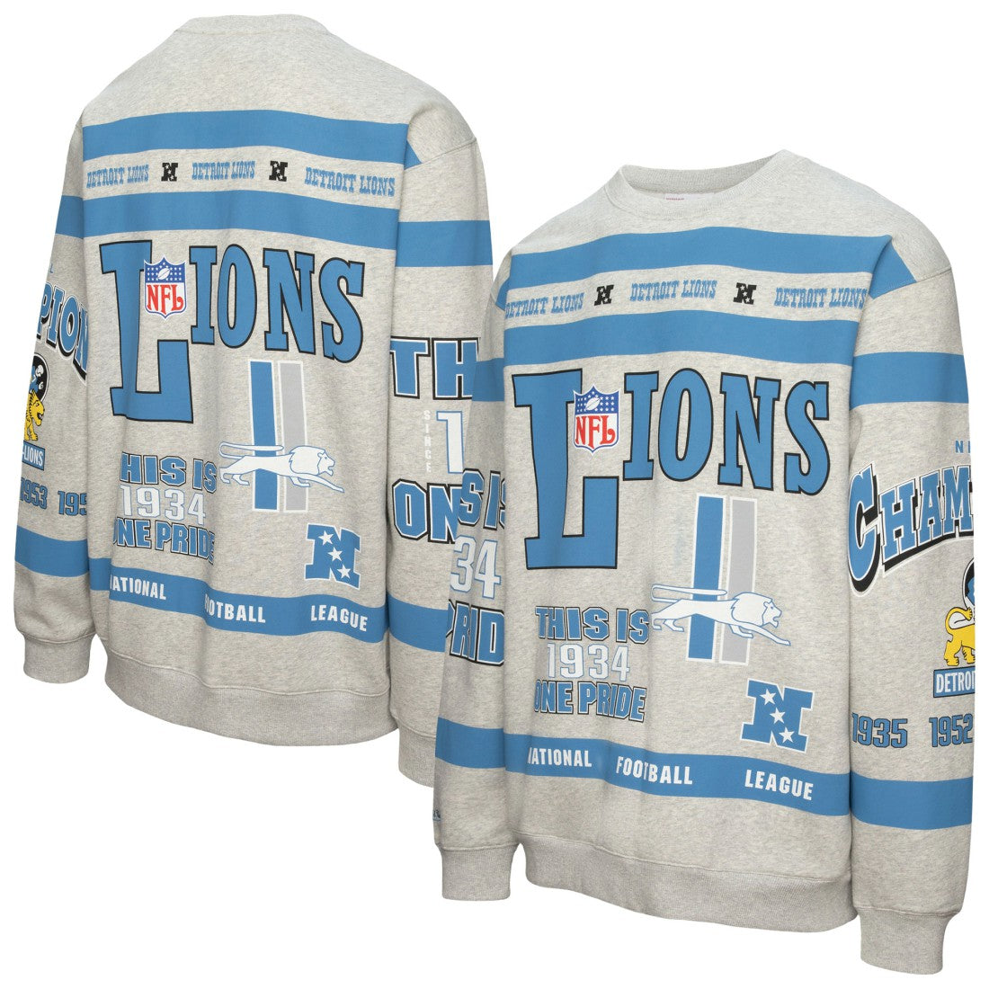 Detroit Lions All Over Print Vintage Fleece Crewneck Sweatshirt - Heather Gray - Mitchell & Ness