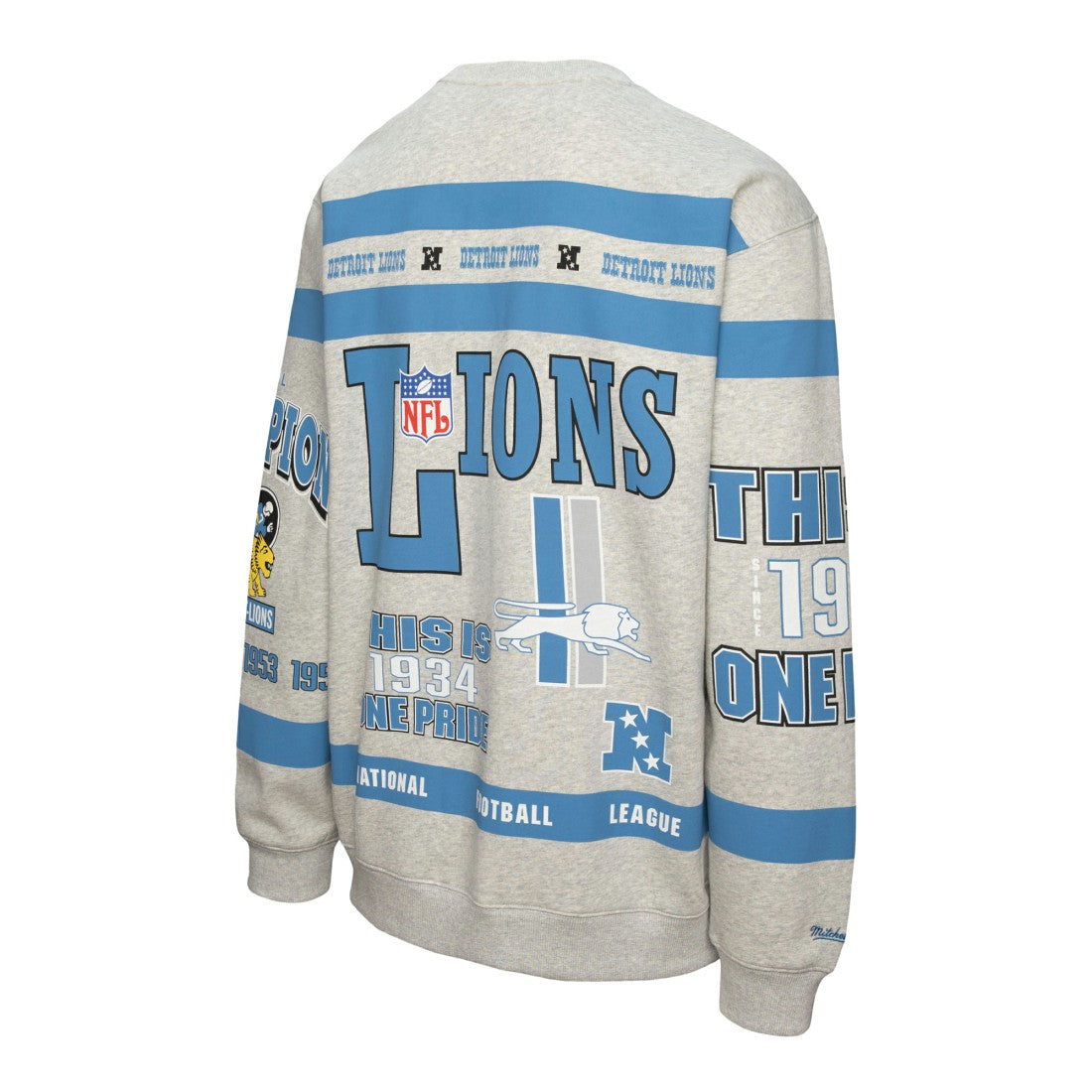 Detroit Lions All Over Print Vintage Fleece Crewneck Sweatshirt - Heather Gray - Mitchell & Ness