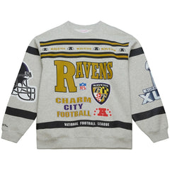 Baltimore Ravens All Over Print Vintage Fleece Crewneck Sweatshirt - Heather Gray - Mitchell & Ness