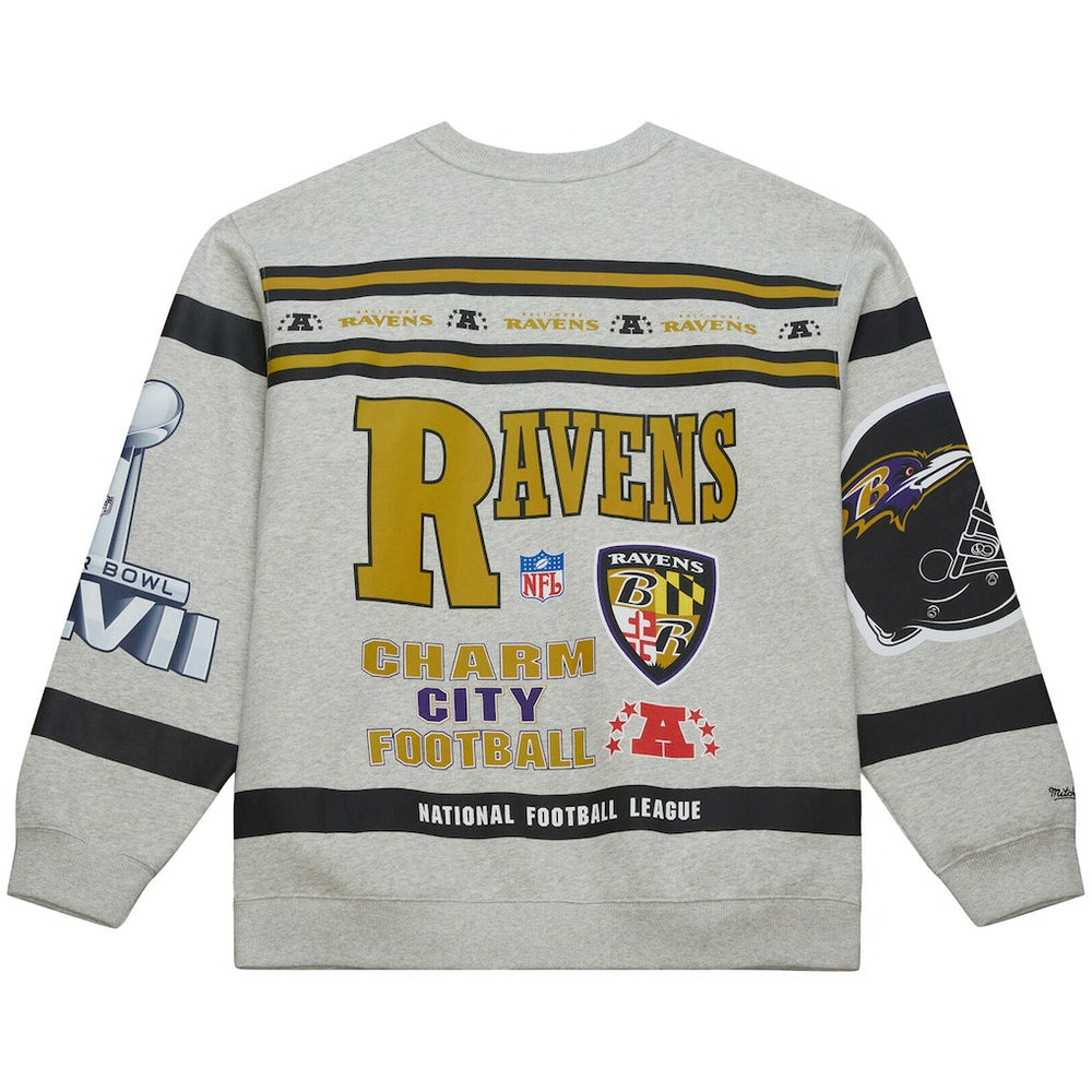 Baltimore Ravens All Over Print Vintage Fleece Crewneck Sweatshirt - Heather Gray - Mitchell & Ness