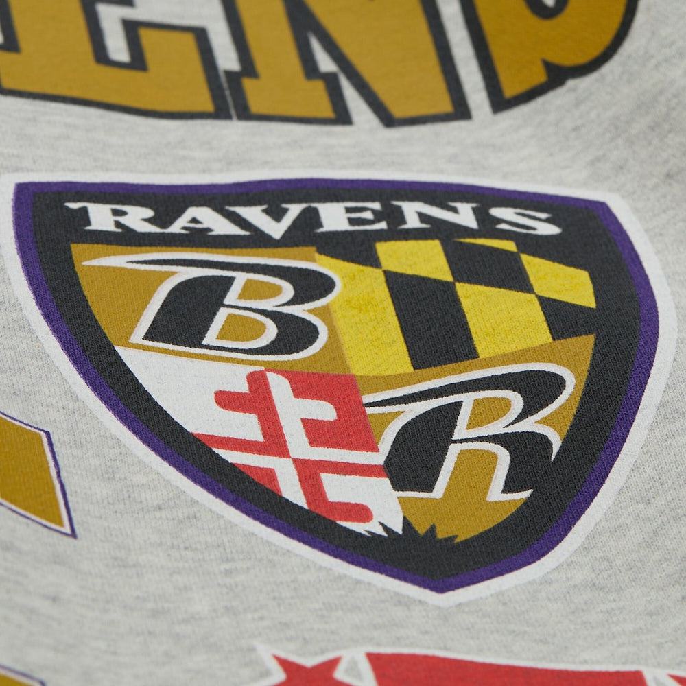 Baltimore Ravens All Over Print Vintage Fleece Crewneck Sweatshirt - Heather Gray - Mitchell & Ness