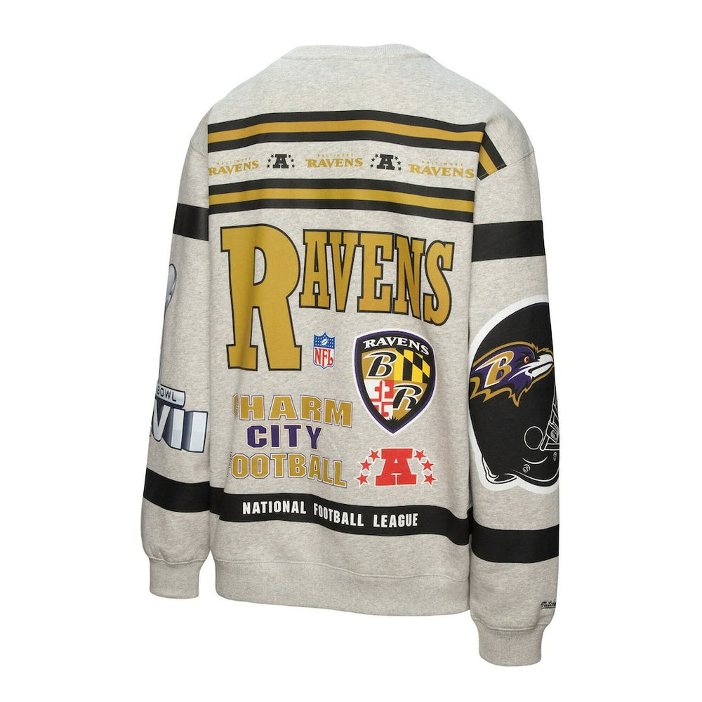 Baltimore Ravens All Over Print Vintage Fleece Crewneck Sweatshirt - Heather Gray - Mitchell & Ness