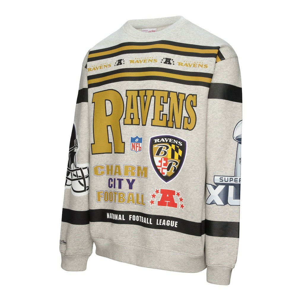 Baltimore Ravens All Over Print Vintage Fleece Crewneck Sweatshirt - Heather Gray - Mitchell & Ness