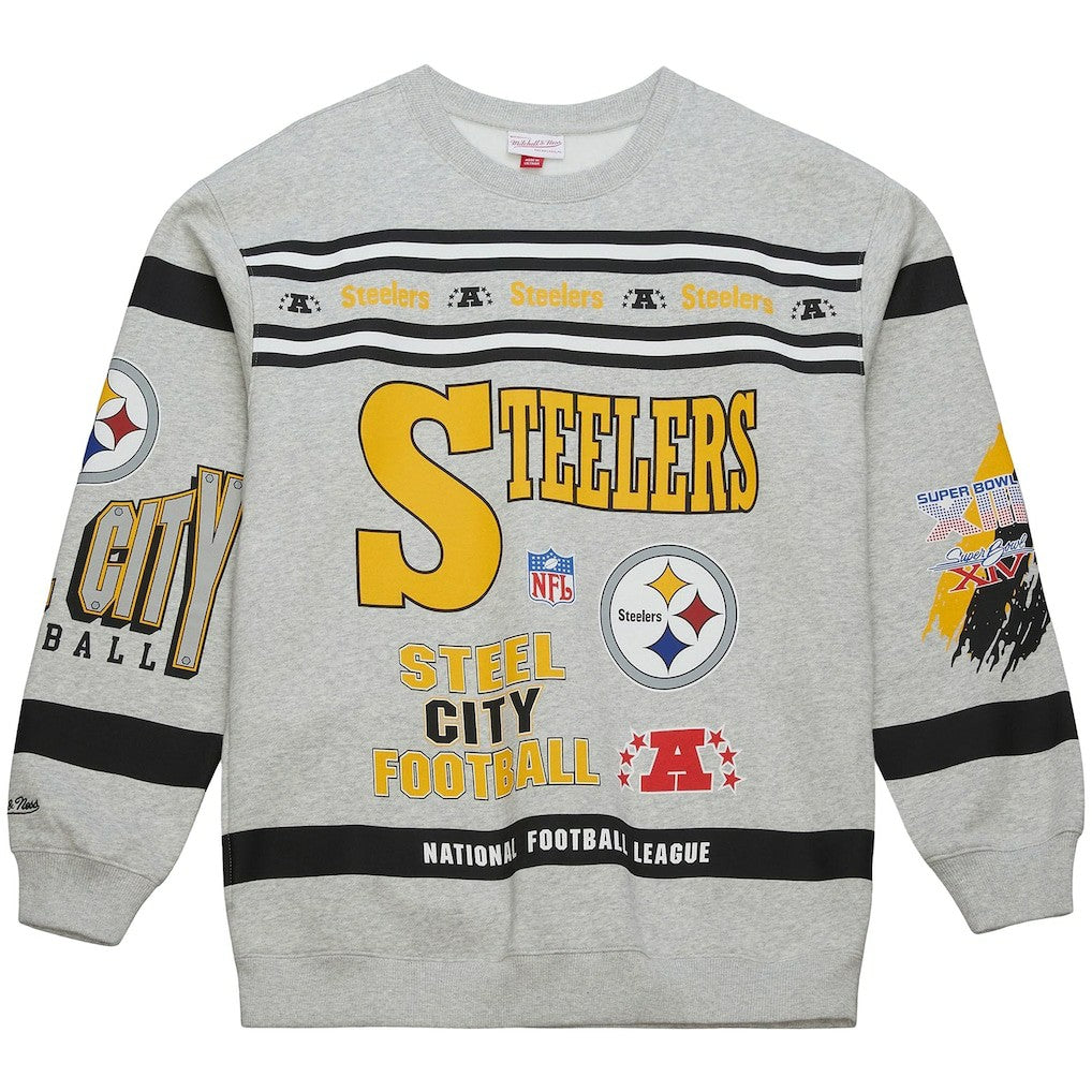 Pittsburgh Steelers All Over Print Vintage Fleece Crewneck Sweatshirt - Heather Gray - Mitchell & Ness