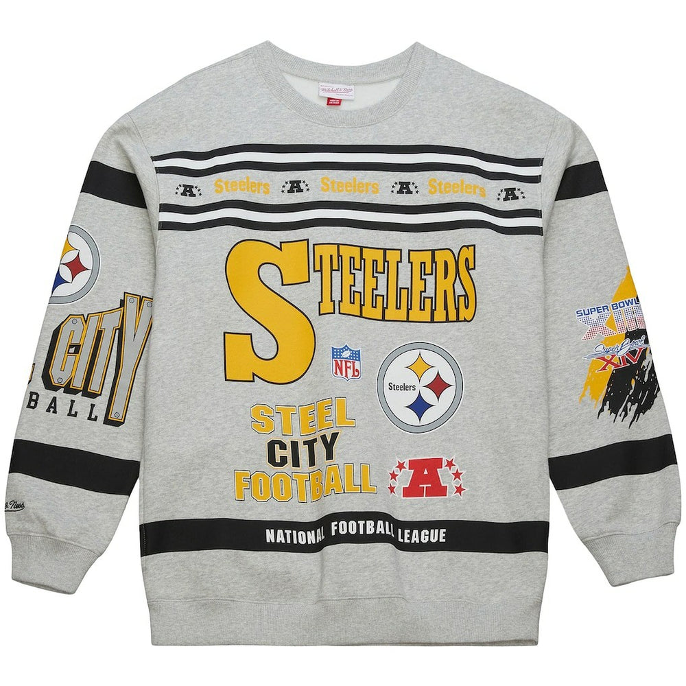 Pittsburgh Steelers All Over Print Vintage Fleece Crewneck Sweatshirt - Heather Gray - Mitchell & Ness