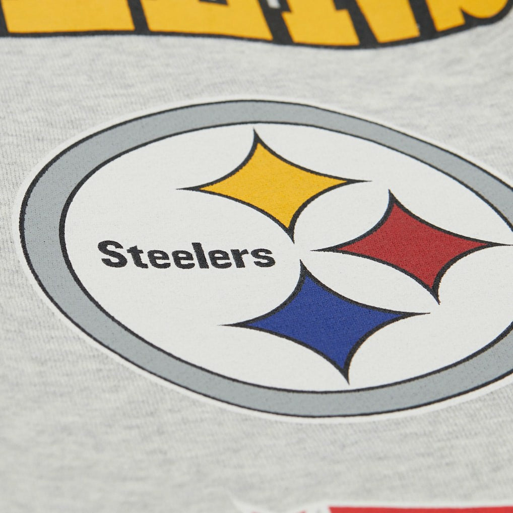 Pittsburgh Steelers All Over Print Vintage Fleece Crewneck Sweatshirt - Heather Gray - Mitchell & Ness