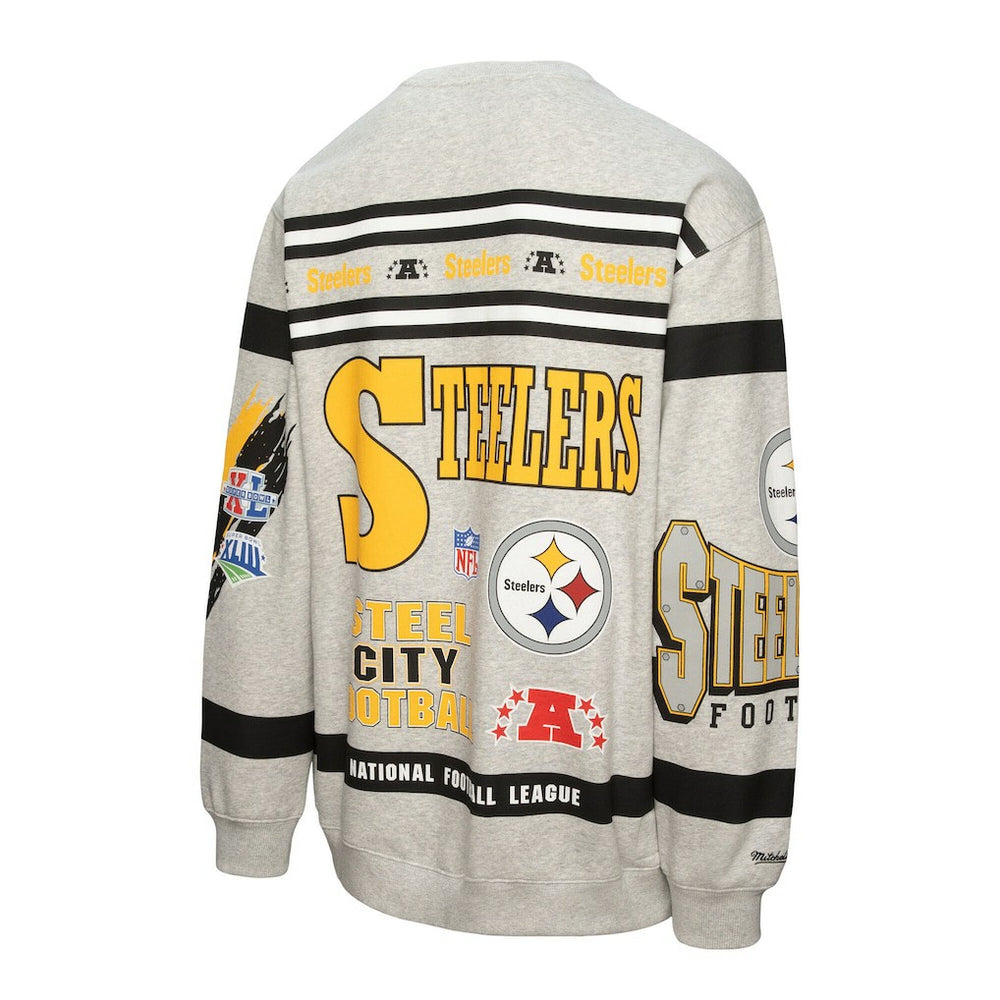 Pittsburgh Steelers All Over Print Vintage Fleece Crewneck Sweatshirt - Heather Gray - Mitchell & Ness