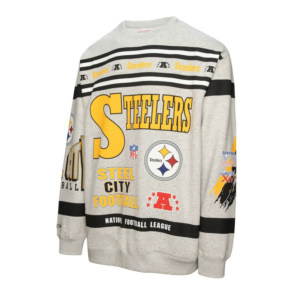 Pittsburgh Steelers All Over Print Vintage Fleece Crewneck Sweatshirt - Heather Gray - Mitchell & Ness