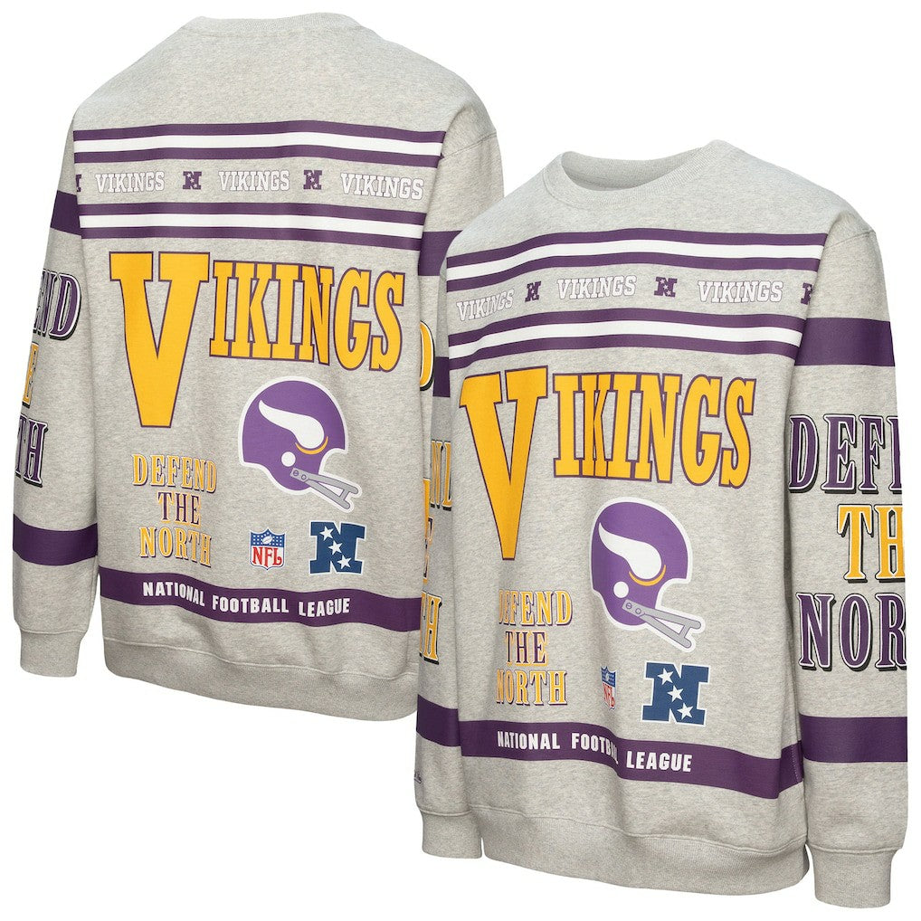 Minnesota Vikings All Over Print Vintage Fleece Crewneck Sweatshirt - Heather Gray - Mitchell & Ness