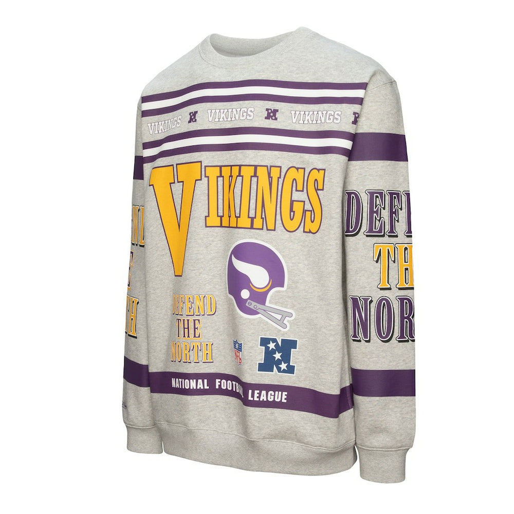 Minnesota Vikings All Over Print Vintage Fleece Crewneck Sweatshirt - Heather Gray - Mitchell & Ness