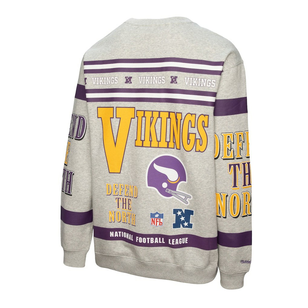 Minnesota Vikings All Over Print Vintage Fleece Crewneck Sweatshirt - Heather Gray - Mitchell & Ness