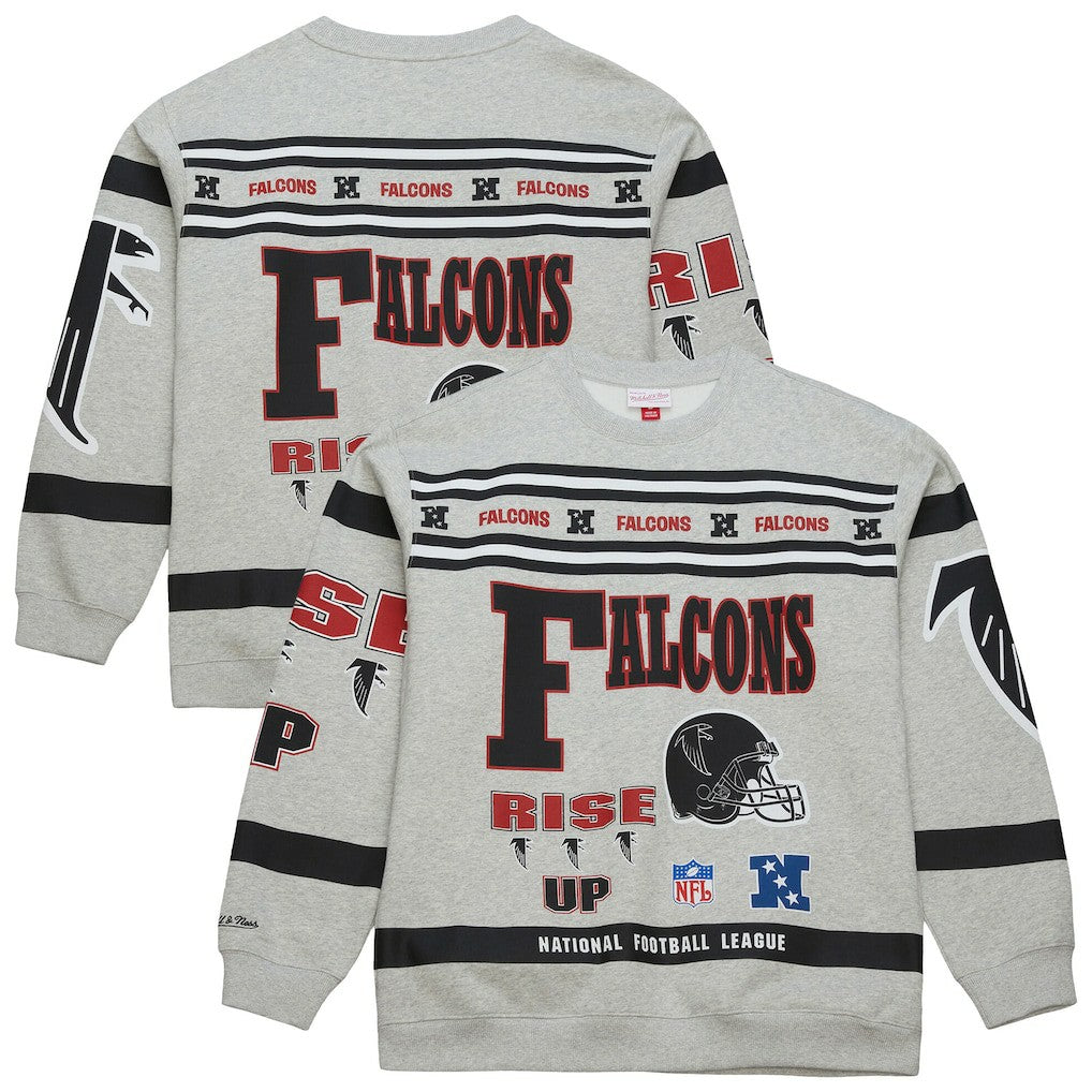 Atlanta Falcons All Over Print Vintage Fleece Crewneck Sweatshirt - Heather Gray - Mitchell & Ness