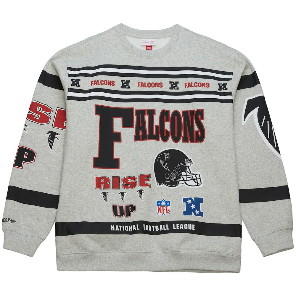 Atlanta Falcons All Over Print Vintage Fleece Crewneck Sweatshirt - Heather Gray - Mitchell & Ness