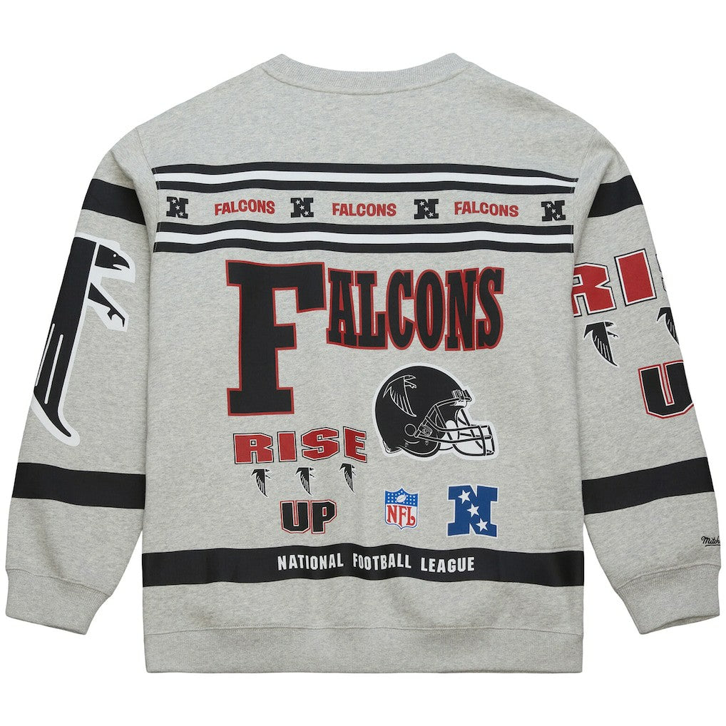 Atlanta Falcons All Over Print Vintage Fleece Crewneck Sweatshirt - Heather Gray - Mitchell & Ness