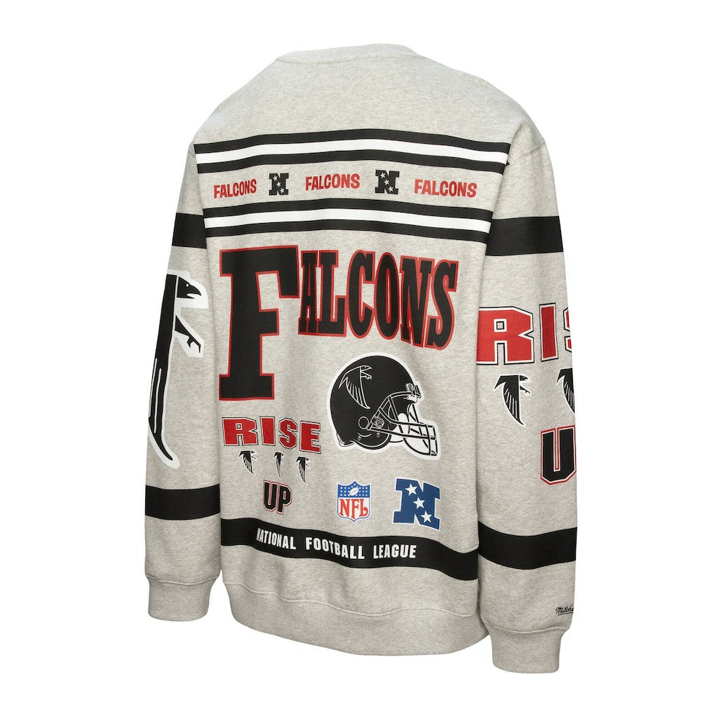 Atlanta Falcons All Over Print Vintage Fleece Crewneck Sweatshirt - Heather Gray - Mitchell & Ness