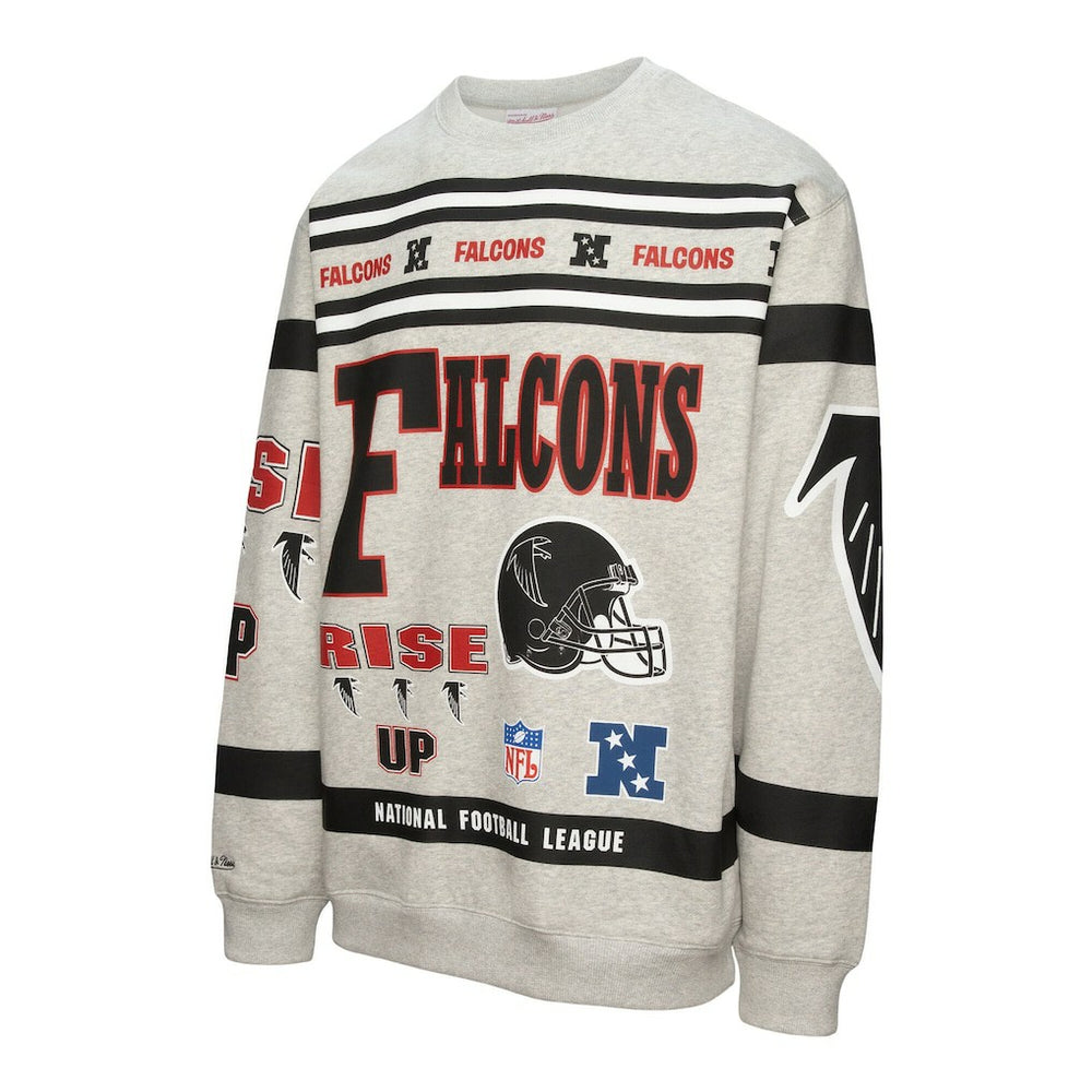 Atlanta Falcons All Over Print Vintage Fleece Crewneck Sweatshirt - Heather Gray - Mitchell & Ness
