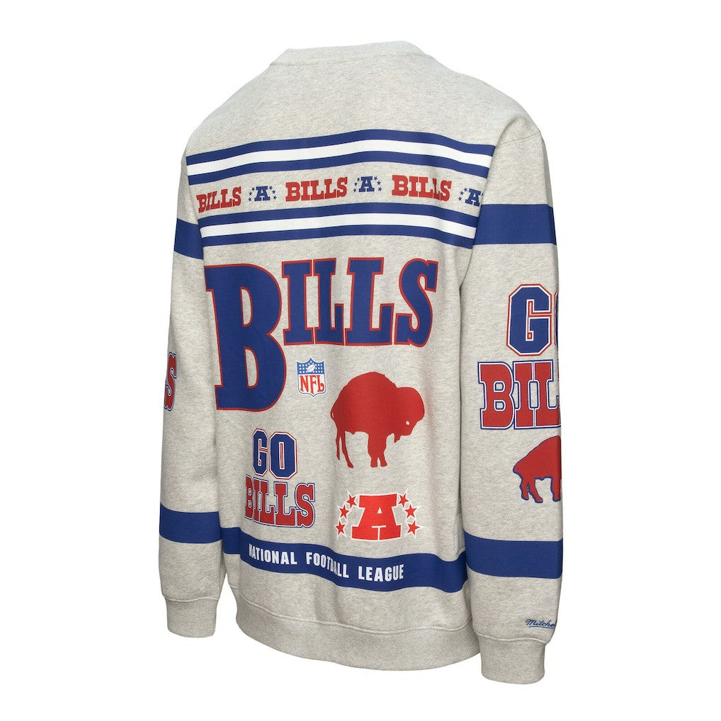 Buffalo Bills All Over Print Vintage Fleece Crewneck Sweatshirt - Heather Gray - Mitchell & Ness