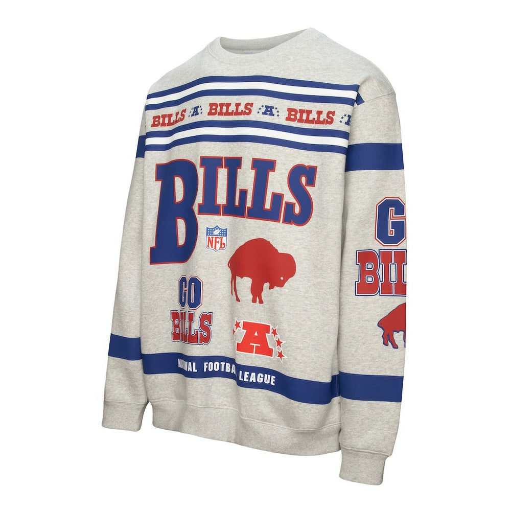 Buffalo Bills All Over Print Vintage Fleece Crewneck Sweatshirt - Heather Gray - Mitchell & Ness