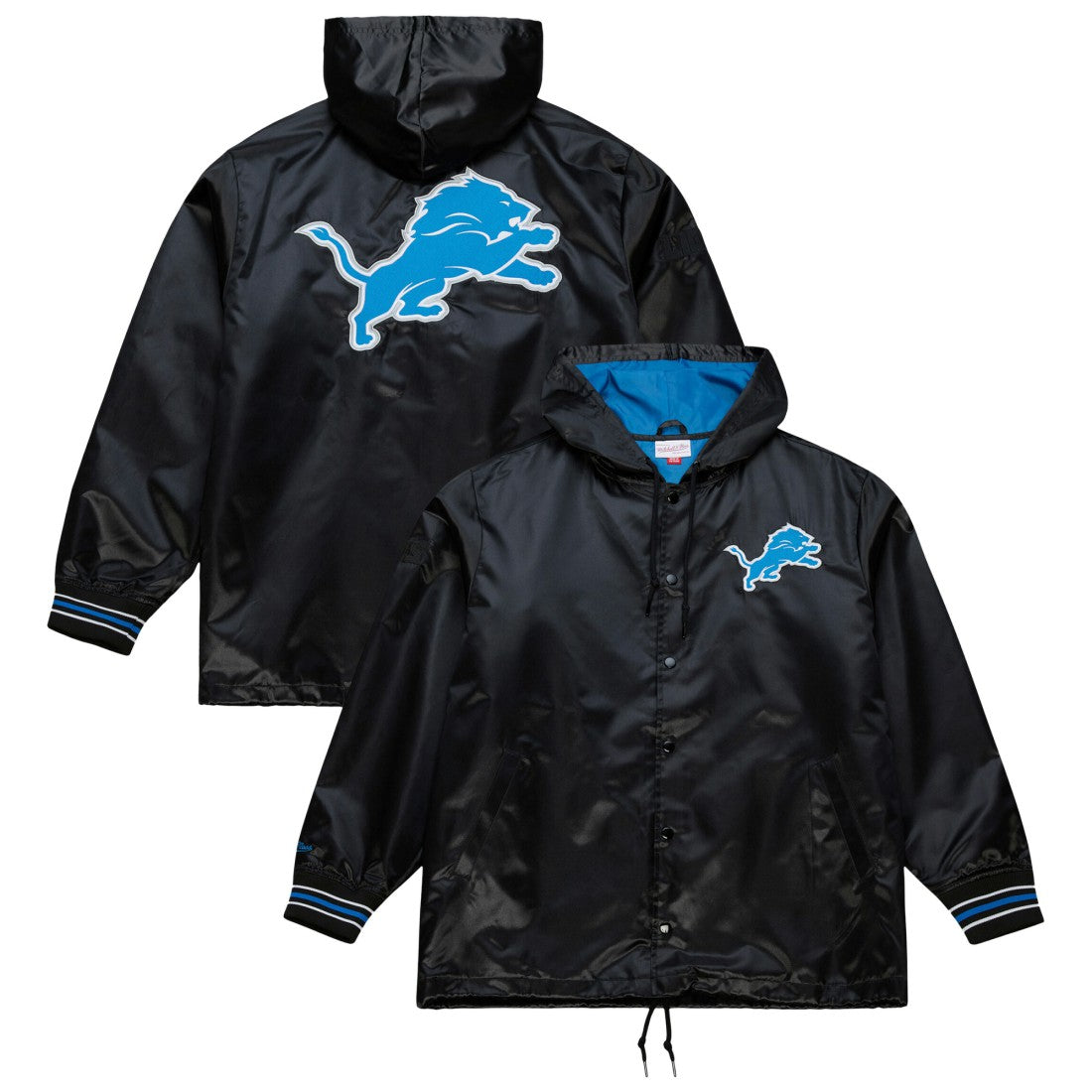 Detroit Lions Downtown Satin Full-Snap Hooded Jacket - Black - Mitchell & Ness