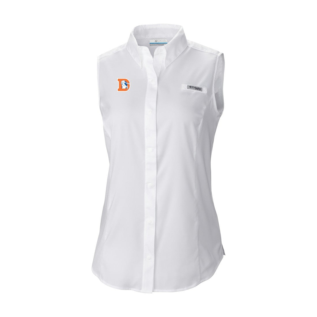 Denver Broncos Women's Historic Tamiami Omni-Shade Sleeveless Button-Up Shirt - White - Columbia