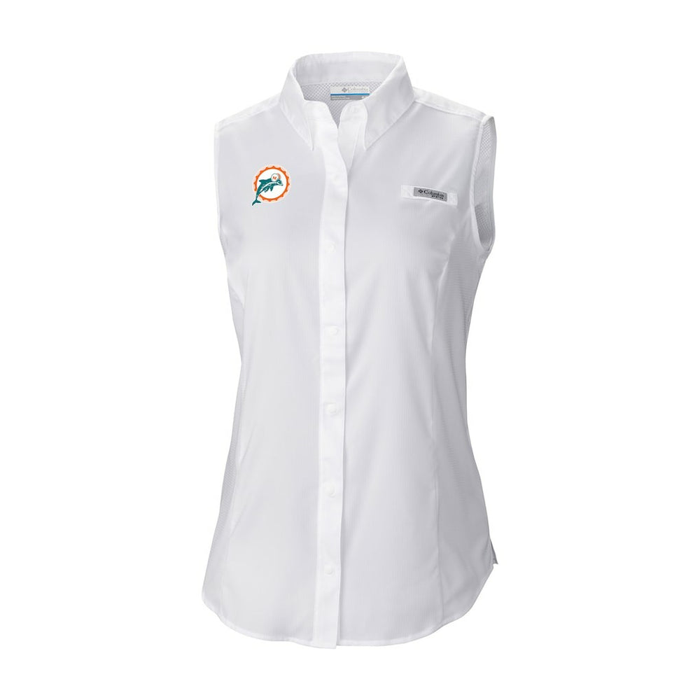 Miami Dolphins Women's Historic Tamiami Omni-Shade Sleeveless Button-Up Shirt - White - Columbia