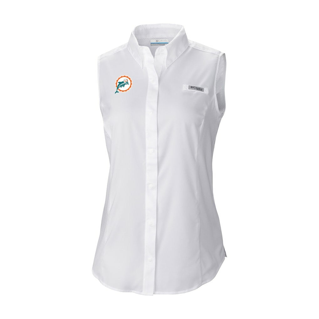 Miami Dolphins Women's Historic Tamiami Omni-Shade Sleeveless Button-Up Shirt - White - Columbia