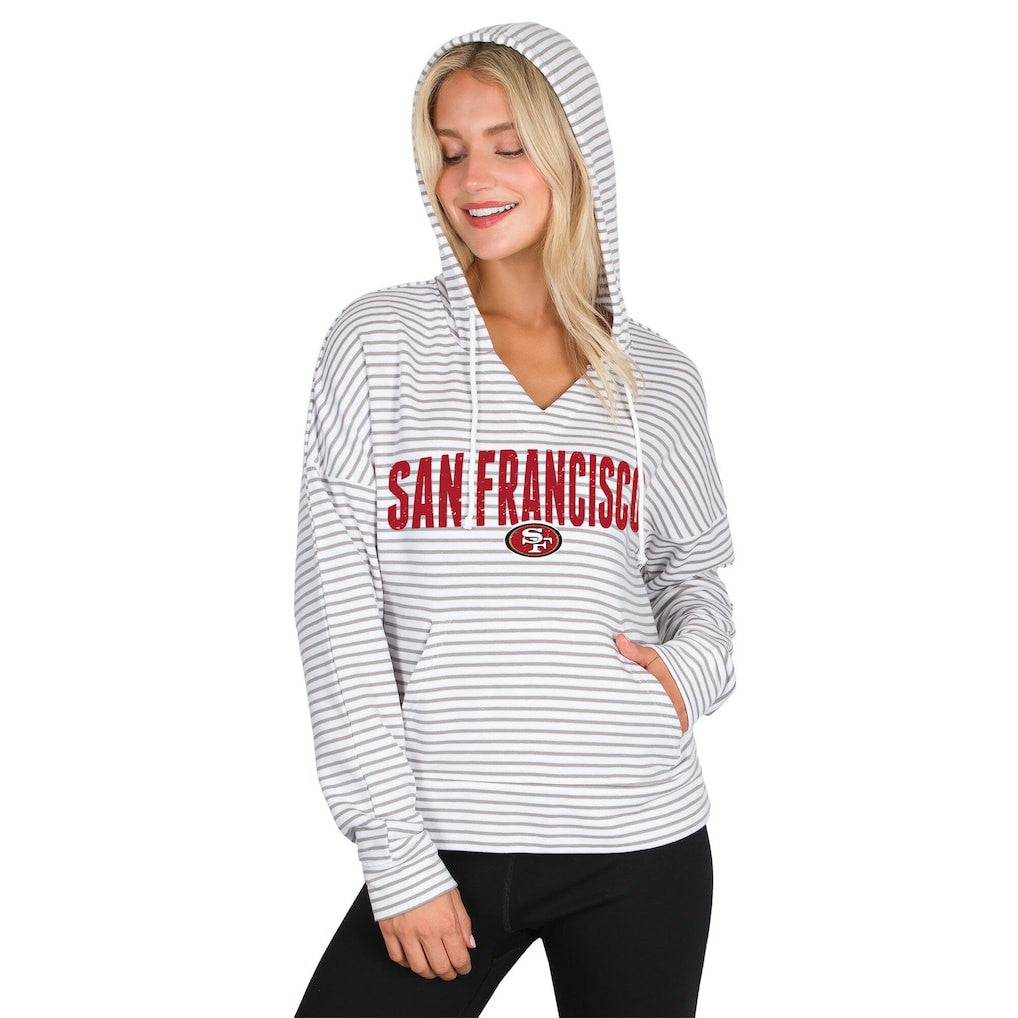 San Francisco 49ers Concepts Sport Women's Liftoff Striped V-Neck Hoodie - White/Gray - NFL