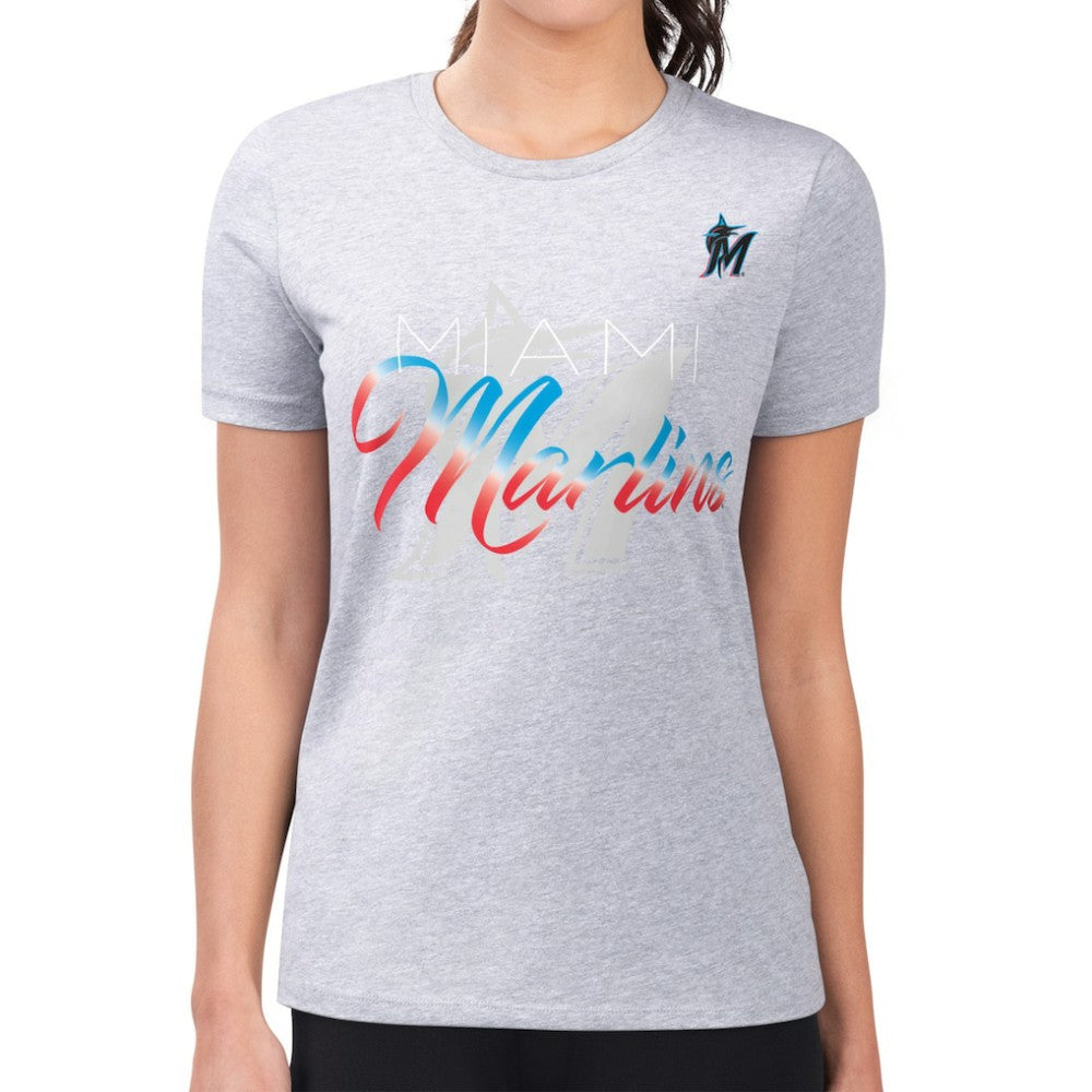 Miami Marlins G-III 4Her by Carl Banks Women's Super-Slim Fit Lightweight Shadow Logo Graphic T-Shirt for sale