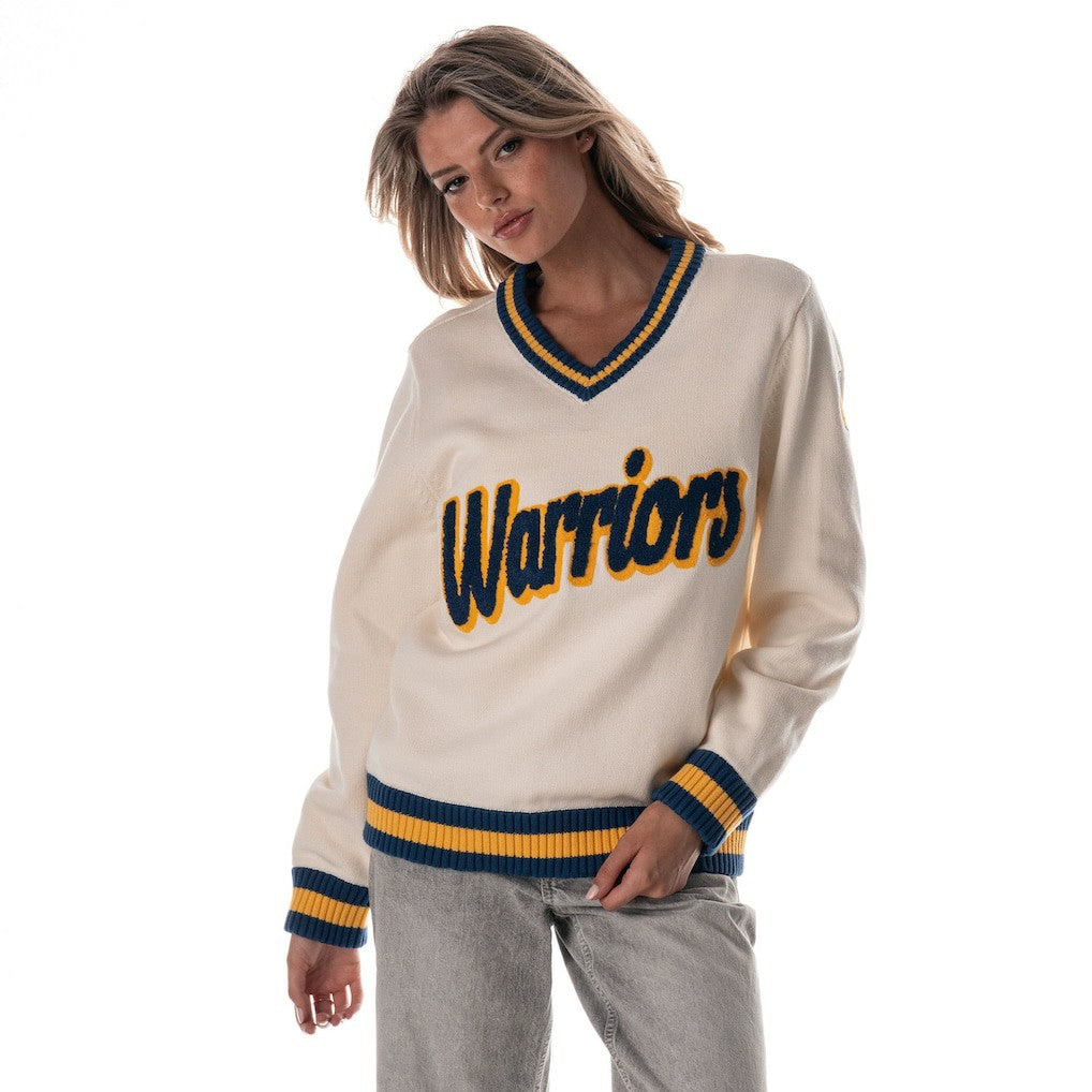 Golden State Warriors The Wild Collective Women's Jacquard V-Neck Sweater Cream