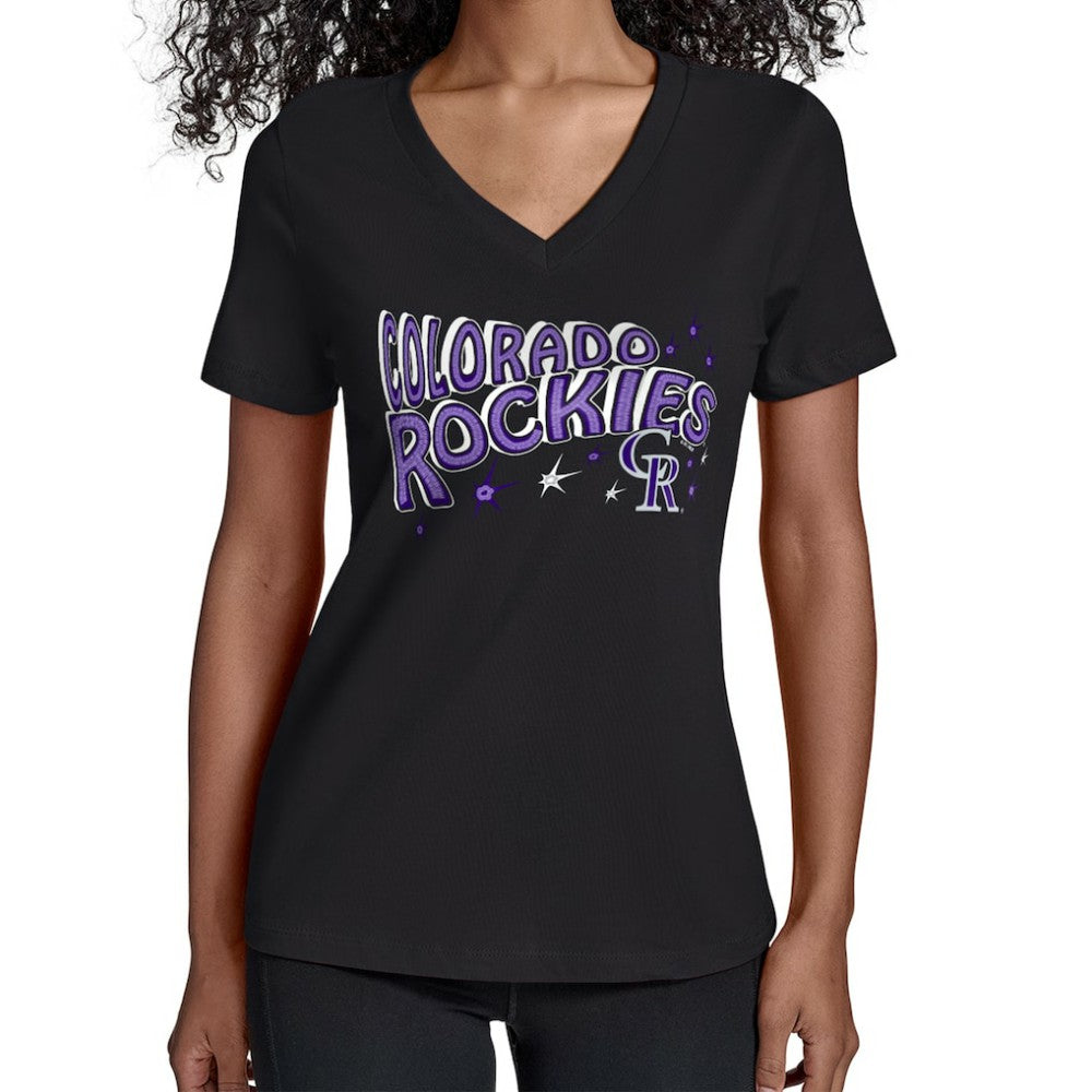 Colorado Rockies Starter Women's Fireworks V-Neck T-Shirt Outlet
