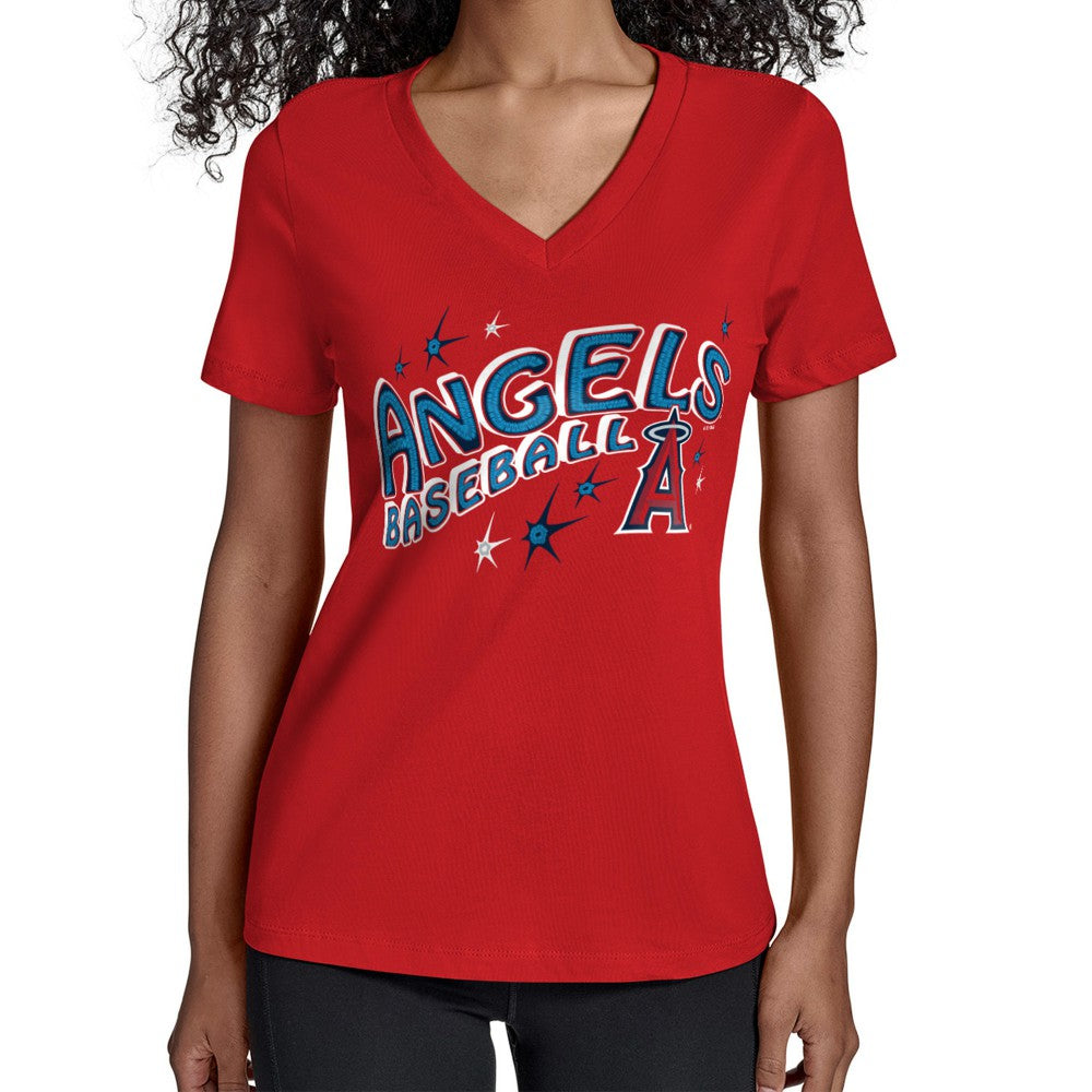 Los Angeles Angels Starter Women's Fireworks V-Neck T-Shirt Outlet